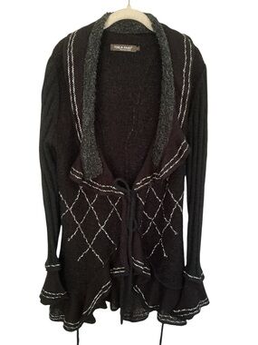 Forla Paris Charcoal Grey Embellished Ruffle Cardigan Sweater